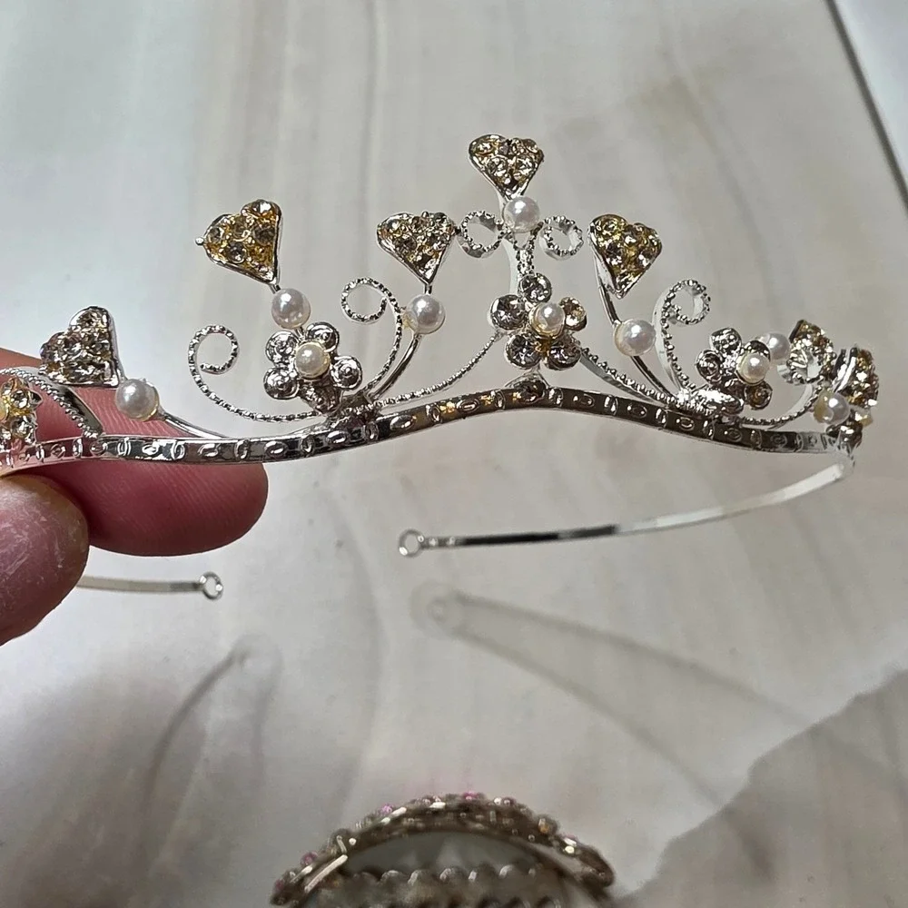 Princess Tiaras Pink Rhinestone Hair Comb and Heart Pearl Headband set of 2 H3